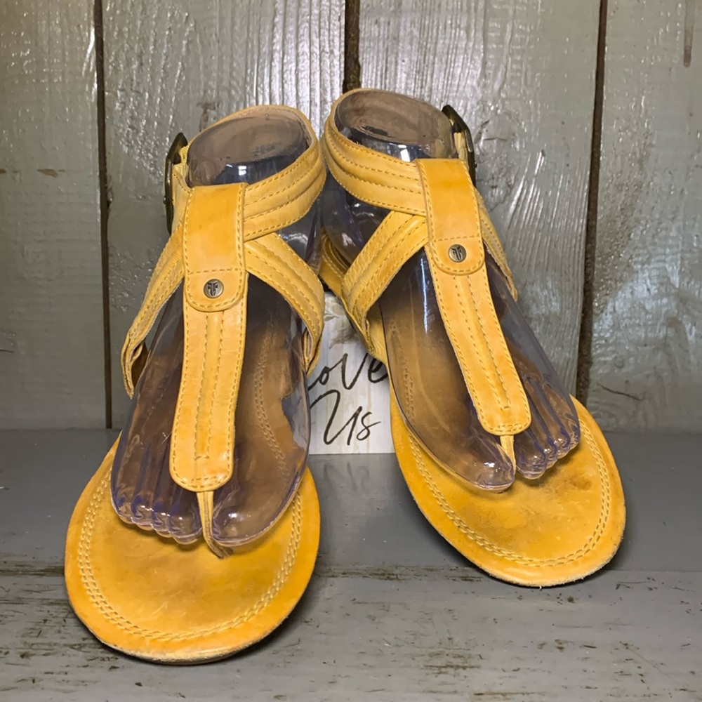 Frye Mustard Leather T-Strap Sandals